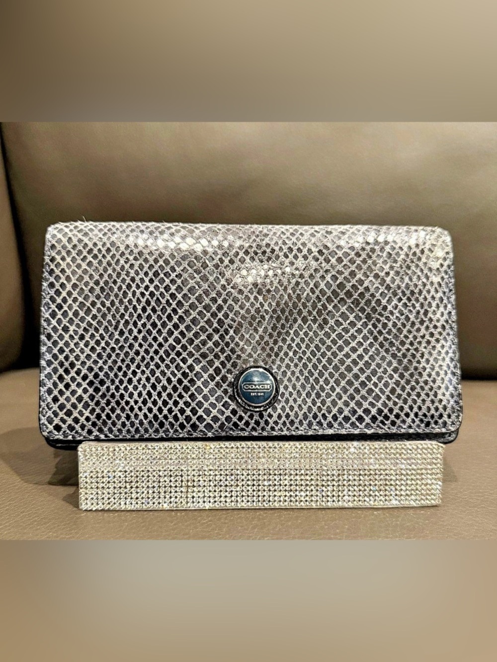 COACH Snake Print Wristlet Clutch in Black & Silver